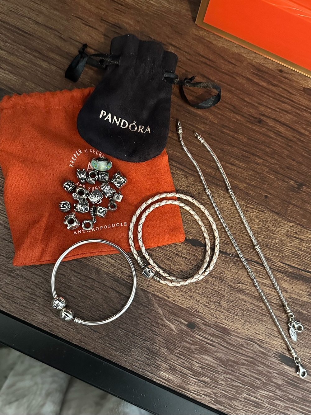 Pandora Silver Charm Bracelet Set with Beige Braided Leather Cord